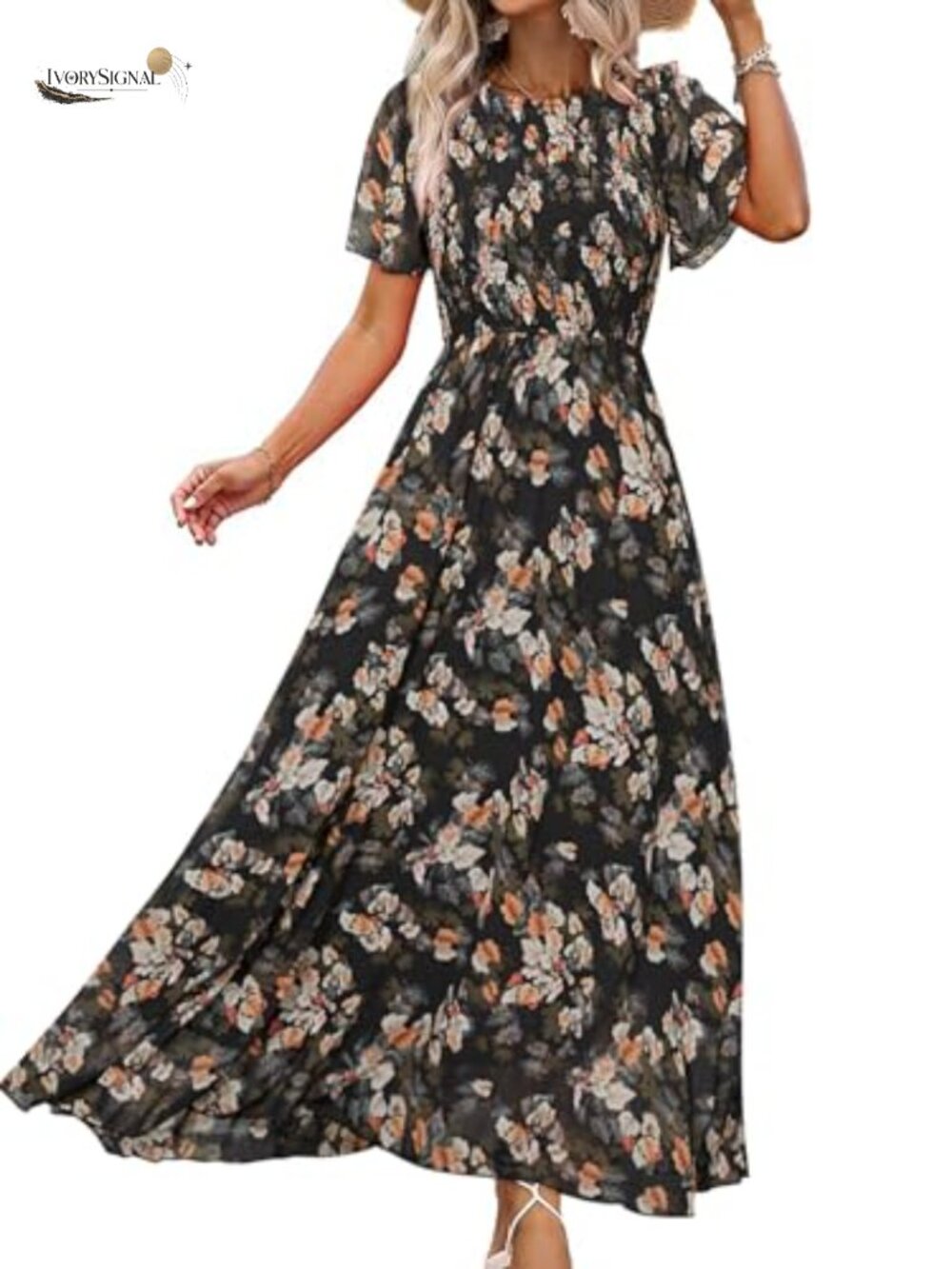 Women's Floral Chiffon Maxi Dress Smocked Flowy Short Sleeve